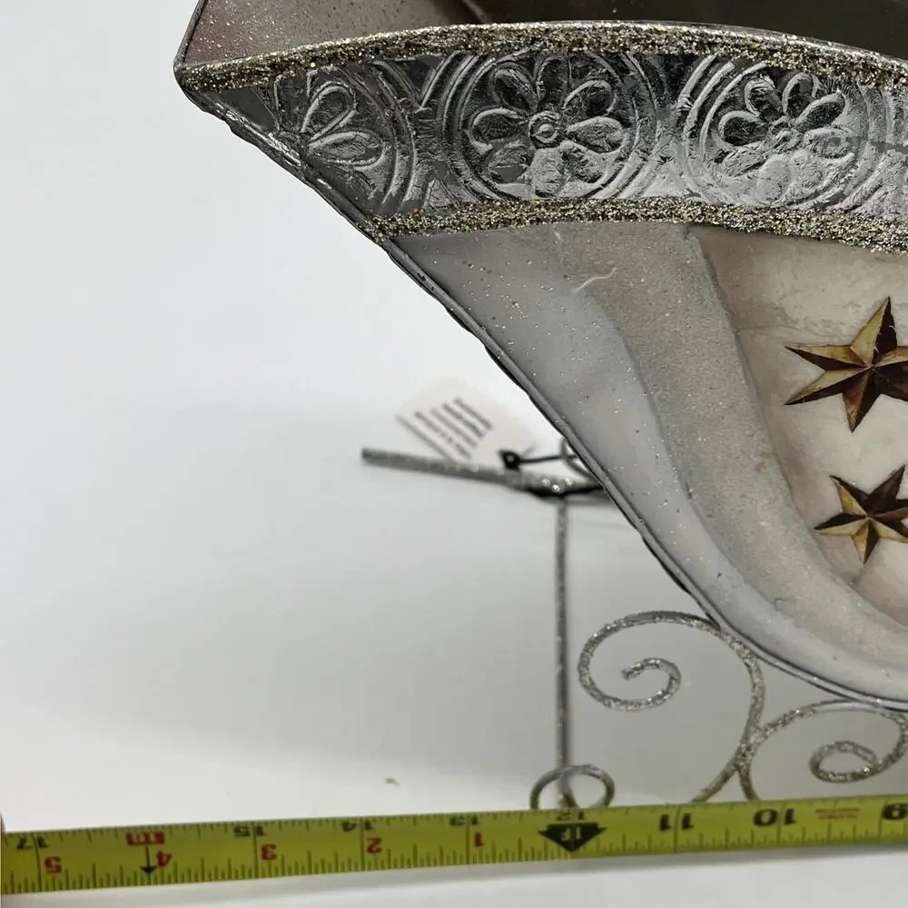 Pier 1 Santa’s Sleigh – Silver Tone Glitter Holiday Décor – 8x15, NWT
